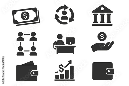 Money Business Icons Set for Web and Mobile Applications – Finance Process, Banking, Teamwork, Office Management, Payment, Wallet, Investment, Growth Vector Illustration