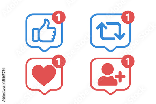 Social media notification icons set. Thumbs up like symbol, love heart, repost share, new follower alert. Modern vector design elements for social network rating interface UI.