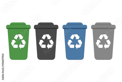 Colorful recycling bins vector illustration. Green, black, blue, gray trash cans with recycle symbols. Waste sorting, eco-friendly environmental conservation, garbage separation concept