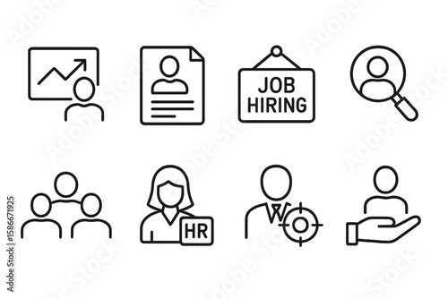 Recruitment and HR Icons Set for Web and Mobile Apps. Career Growth, Resume, Job Hiring, Candidate Search, Human Resources, Business Teamwork, Headhunting, Employment Vector