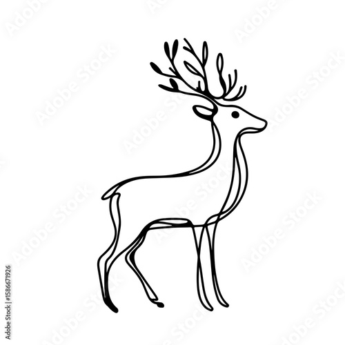 Abstract minimalist black one-line drawing of a reindeer silhouette with antlers, on a plain white background, concept of art and design.