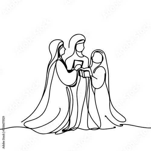 Three elegant female figures singing together in continuous line art style on a plain white background, concept of Christmas joy and carol singing.