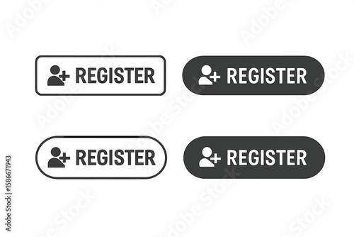 Register Web Button Icon Set. Vector Flat UI Elements for Signup, Registration, Join, Member Access. Modern App Web Design, Black and White Rounded Rectangle Button Isolated
