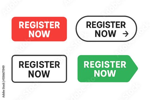 Register Now Button Set. Vector Illustration With Modern Call to Action Design. Red and Green Register Now Labels. Web UI Elements. Flat Registration Button Icons Collection