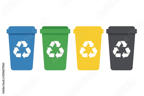 Colorful recycling bins set vector illustration. Waste separation containers with recycle symbol. Blue green yellow black bins for trash sorting, environmental protection, sustainability concept