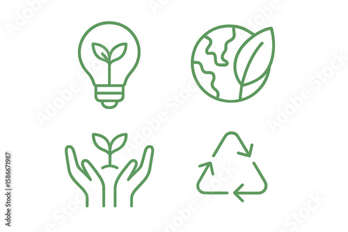 Eco friendly sustainability icon set. Green line art vector of renewable energy, recycling, environmental protection, plant growth, earth, eco innovation, sustainability symbol collection