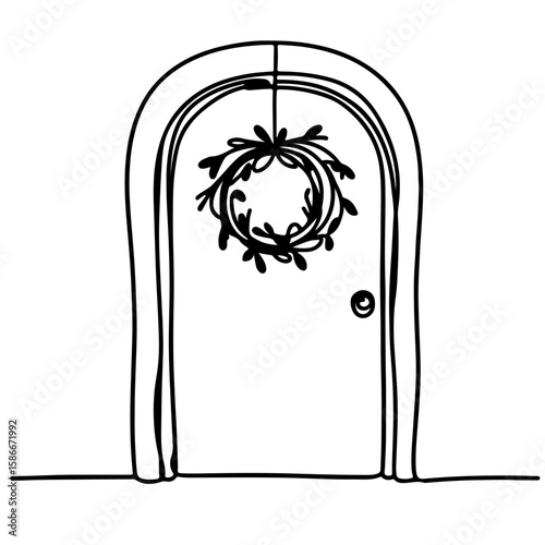 Minimalistic black one-line drawing of a holiday wreath on a door, smooth curves on white background, concept of home decor and holiday spirit.