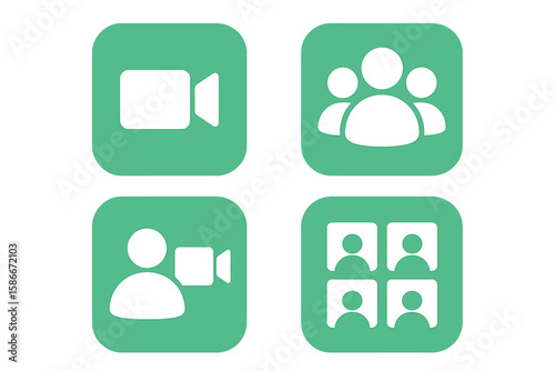 Collection of 4 video call and conference icons, online chat app buttons for web interface, internet meeting, remote communication, technology, user group, digital UI template