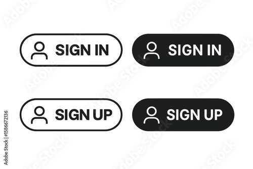 Sign in sign up button set vector. User interface login signup web buttons. Modern flat style UI elements with person icon. Black white minimalist rounded buttons isolated
