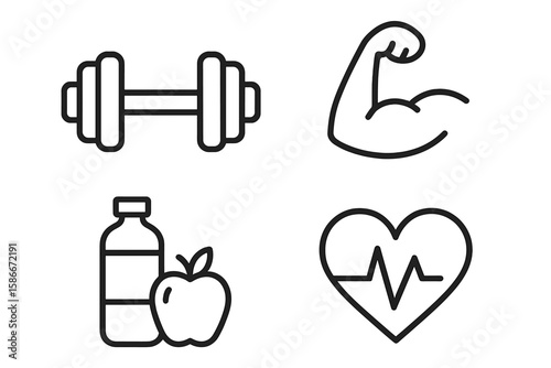 Healthy lifestyle fitness icons set. Line art dumbbell, flexing arm muscle, water bottle with apple, heart rate. Modern gym, nutrition, workout, wellbeing web symbols vector.