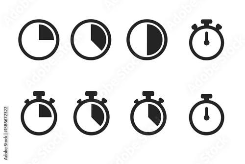Countdown timer and stopwatch vector icon set. Time tracking symbols, interval countdown progress, time management, stopwatch and clock icons collection. Isolated illustration.