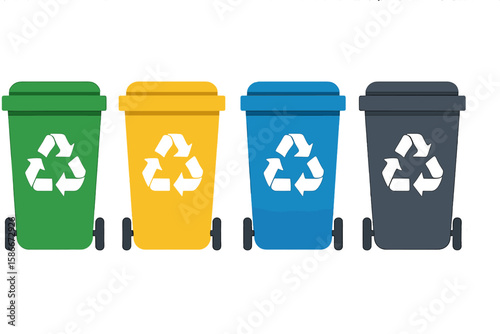 Recycling Bins Vector Illustration—Colorful Green, Yellow, Blue, Black Waste Bins with Recycling Symbol for Waste Segregation, Environment, Eco-Friendly City, Urban Sanitation, Clean Environment