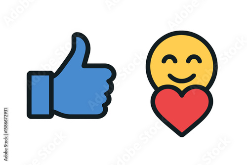 Smiling Face Heart Emoji and Blue Thumbs Up Like Icon Vector. Social Media Reaction Buttons. Flat Style Feedback Icons. Positive Online Interaction Concept. Communication Symbols. Web App Elements.