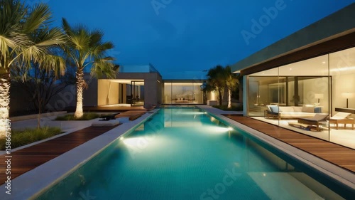 Modern Luxury Villa with Long Swimming Pool, Palm Trees, and Illuminated Interiors at Dusk