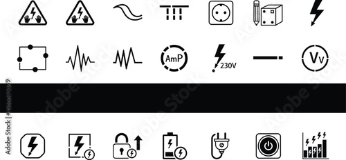 Electrical icons collection, power voltage symbols, circuit diagram, plug socket, battery charge, high voltage warning, electricity safety vector pack