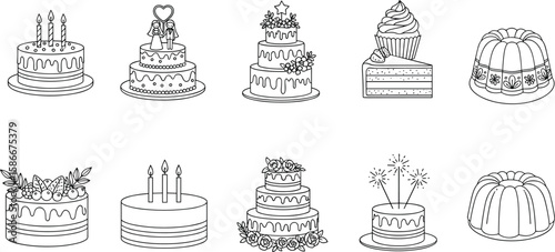 Celebration cakes vector icons, birthday cake, wedding cake, cupcake, dessert slice, sweet bakery, festive decoration, outline cake illustration set