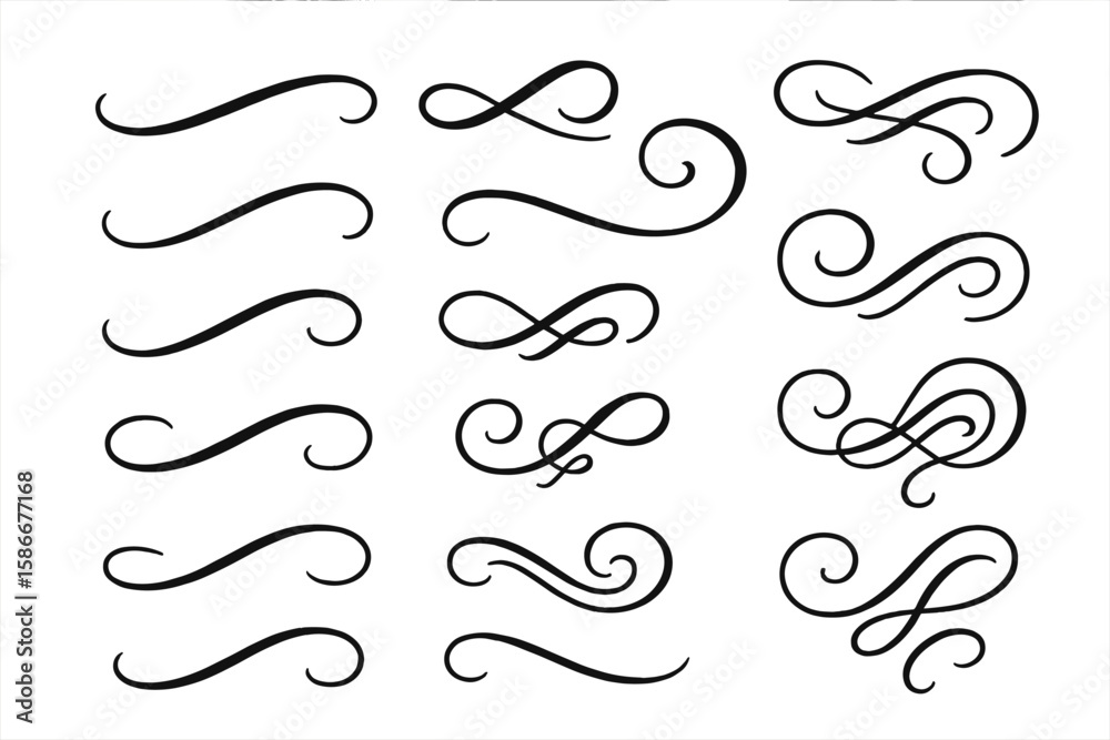 Elegant text tails swoosh vector set. Calligraphy swirls for logo design. Decorative typography elements, flourishes, ornaments, and dividers for graphic design projects. Elegant text tails swoosh vector set. Calligraphy swirls for logo design. Decorative typography elements, flourishes, ornaments, and dividers for graphic design projects.