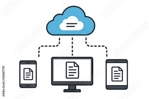 Cloud storage technology concept. Data sharing and synchronization with smartphone, tablet, and computer. Online hosting service and network management for file backup.