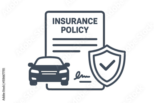 Car insurance policy document concept. Auto protection and vehicle safety agreement with shield and signature. Financial security and transport insurance claim service vector icon.