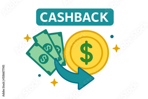 Cashback vector icon. Money refund and saving concept. Financial bonus and reward illustration. Customer loyalty program symbol. Cash back service for shopping promotion design.