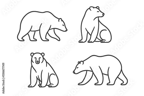 Bear line art set. Minimalist wild animal vector illustration collection. Simple outline icons of walking and sitting grizzly bears for logo design. Elegant, modern poses.
