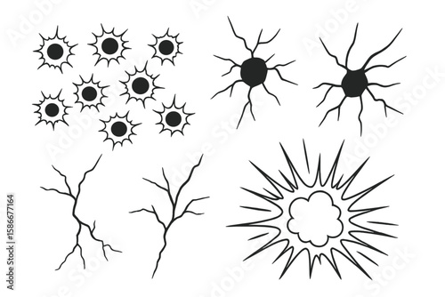 Bullet holes, cracks, and explosion vector set. Line art collection of destruction and damage effects. Graphic impact marks for shattered glass or broken wall designs.