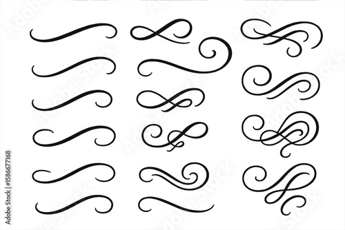 Elegant text tails swoosh vector set. Calligraphy swirls for logo design. Decorative typography elements, flourishes, ornaments, and dividers for graphic design projects.
