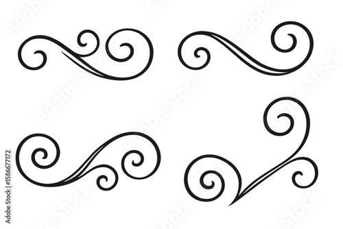Set of hand-drawn calligraphic swirl ornaments. Elegant vintage scroll flourishes for decoration. Vector decorative dividers for wedding invitations, certificates, or page design.