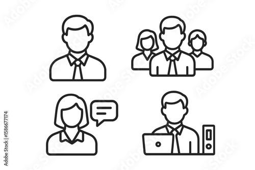 Business employee line icon set. Office staff, team group, and worker with laptop symbols. Professional user avatar profile for web, app, and corporate presentations.