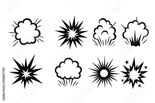 Black explosion effects vector icons set. Comic book style burst and bomb flash symbols for animation and print. Dynamic energy impact visuals isolated on white background.