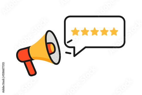 Megaphone shouting five gold star rating. Customer review and positive feedback concept. Online survey, testimonial, and reputation management for business quality service.