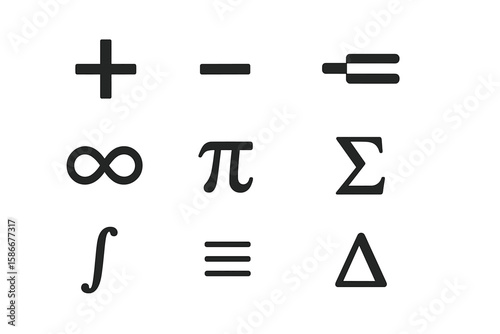 Math symbols vector icon set. Flat minimalist design of mathematical signs. Plus, minus, equal, not equal, infinity, pi, sigma, integral, delta. Algebra and calculus education.