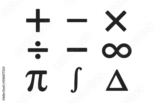 Math symbols icon set. Mathematical glyphs collection including plus, minus, multiplication, division, infinity, pi, integral, and delta. Flat vector illustration for education.