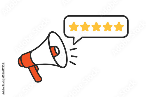 Megaphone with five star rating in a speech bubble. Customer review and online feedback concept. Testimonial for reputation, quality service, and user experience excellence.