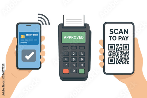 Mobile payment vector set. Contactless NFC credit card payment via smartphone. POS terminal transaction approved. Hand holding phone to scan QR code for purchase concept.