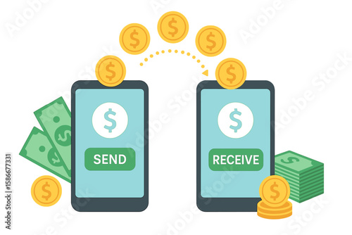 Money transfer and online payment concept. Sending and receiving money wirelessly via mobile phone. Smartphone banking app for financial transactions, capital flow and savings.