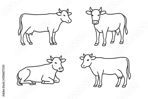 Minimalist Outline Drawings of Cows in Various Poses – Simple Modern Line Art for Farm Animal Education, Livestock Graphics, Agriculture, Dairy Industry Concepts, Black and White Illustration