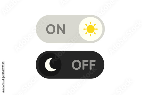 Modern On Off Toggle Switch Buttons, Light and Dark Day Night Mode UI Switches for Mobile App, Web Design, Animation, Interface Elements, Sun and Moon Icons, User Experience Concept