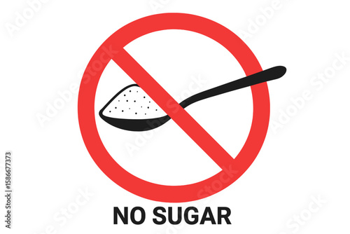 Red prohibitory sign with crossed-out spoon filled with sugar, concept for no sugar, sugar-free diet, weight loss, diabetes prevention, sweet refusal, healthy lifestyle, ban on harmful sugar