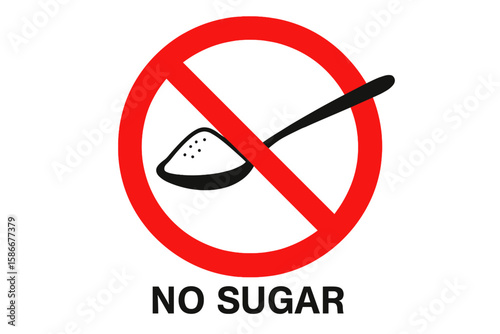 Red Prohibitory Sign with Crossed Out Spoon of Sugar, No Sugar Added, Sugar-Free Diet Concept, Stop Weight Gain, Diabetes Prevention, Healthy Lifestyle, Food Restriction Symbol