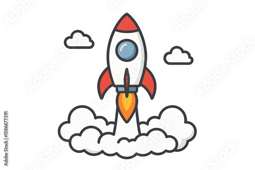 Startup Rocket Launch Concept. Vector Illustration of Space Rocket Taking Off with Clouds. Boosting Business, Innovation, New Project, Creativity, Technology Advancement, Successful Launch Symbol
