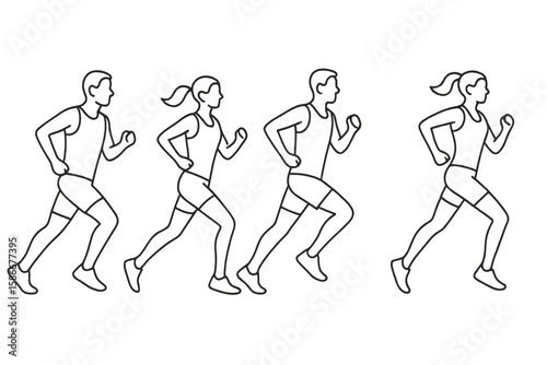 Minimalist Line Art Athletic Runners Set—Male and Female Jogging Figures, Dynamic Motion Progression, Four-Pose Sequence Illustration, Running Outline, Continuous Movement, Sport Fitness Concept