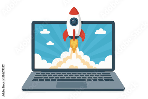 Rocket Launching from Laptop Screen, Startup Business Success, Product or Service Launch, Technology Innovation, Digital Growth, Metaphor for Creative Business Project and Online Entrepreneurship