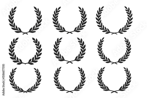 Collection of Vector Laurel Wreath Silhouettes in Multiple Styles – Ancient Roman and Greek Motifs, Award and Victory Symbols, Decorative Borders, Elegant Achievement Elements
