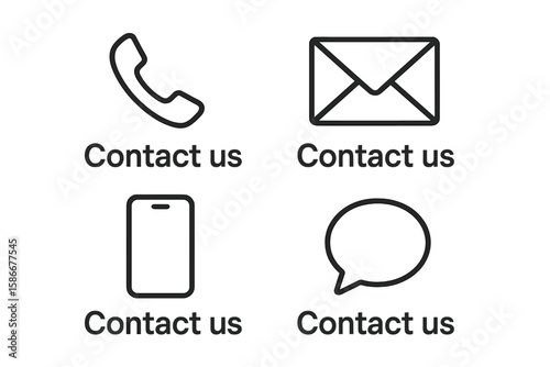 Minimalist Contact Us Icons Set. Phone, Email, Mobile, and Chat Symbols for Website, App, Social Media. Customer Service Communication Signs. Support Hotline. Black Line Vector Elements Pack
