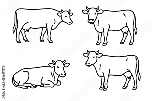 Set of minimalist cow illustrations in various poses. Simple black and white line art of cattle for farm, agriculture, dairy, and beef concepts. Modern vector icon pack.