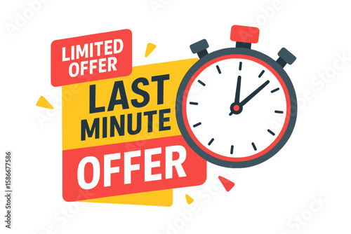 Last minute offer promotional marketing banner with stopwatch timer. Limited time deal with sale countdown clock. Urgent final chance hot price special promotion vector.