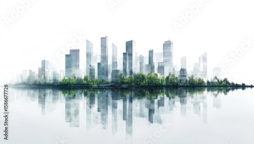 Cityscape Reflection: Modern Urban Skyline Mirrored in Calm Waters