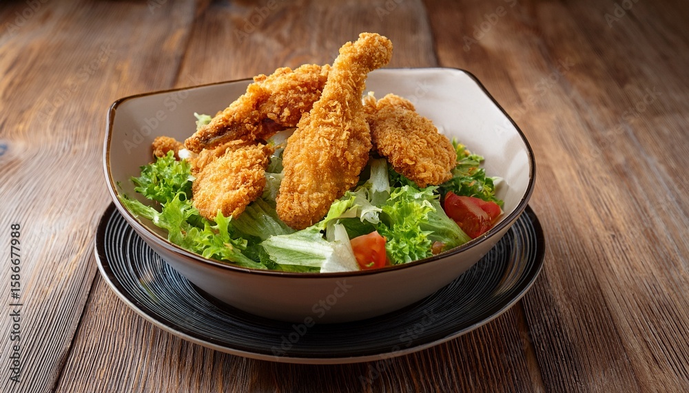 Fototapeta premium a bowl of chicken salad with deep fried golden brown chicken strips on top