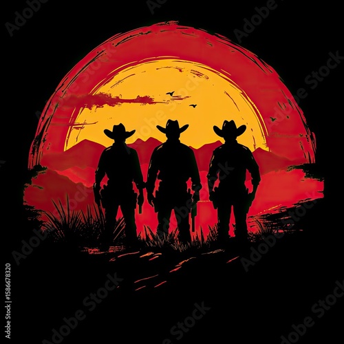 Western cowboys silhouettes sunset desert. Graphic design